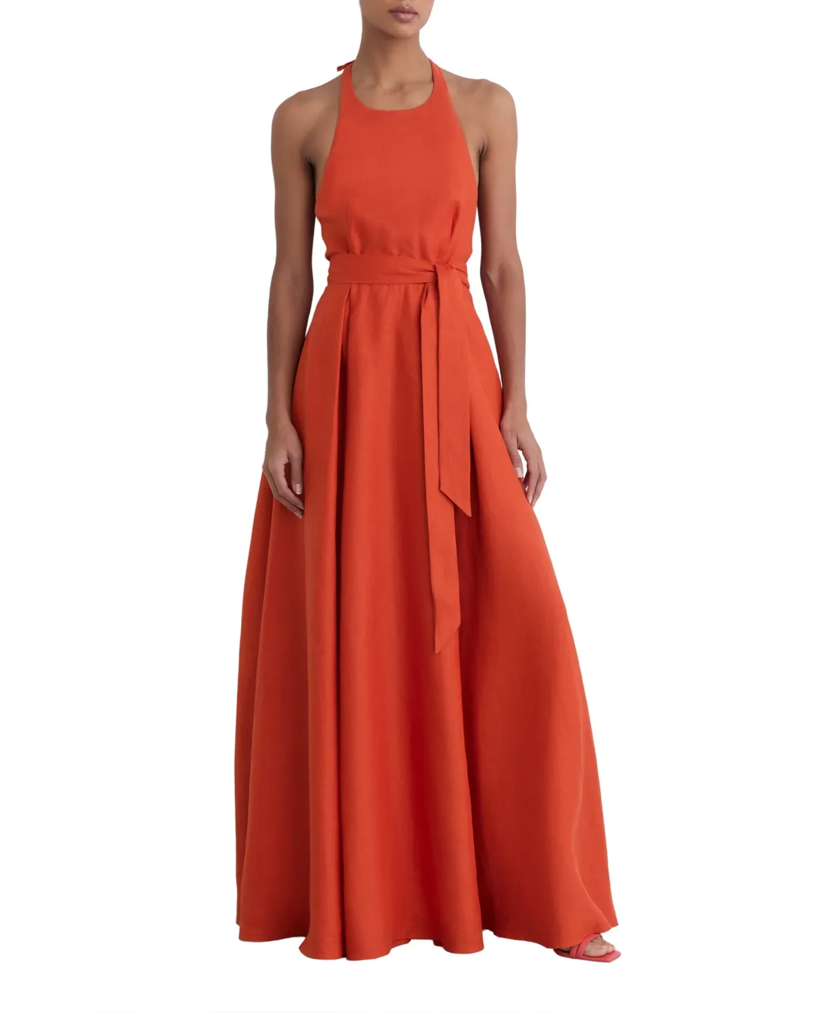 Paules Open-Back Pleated Linen Dress