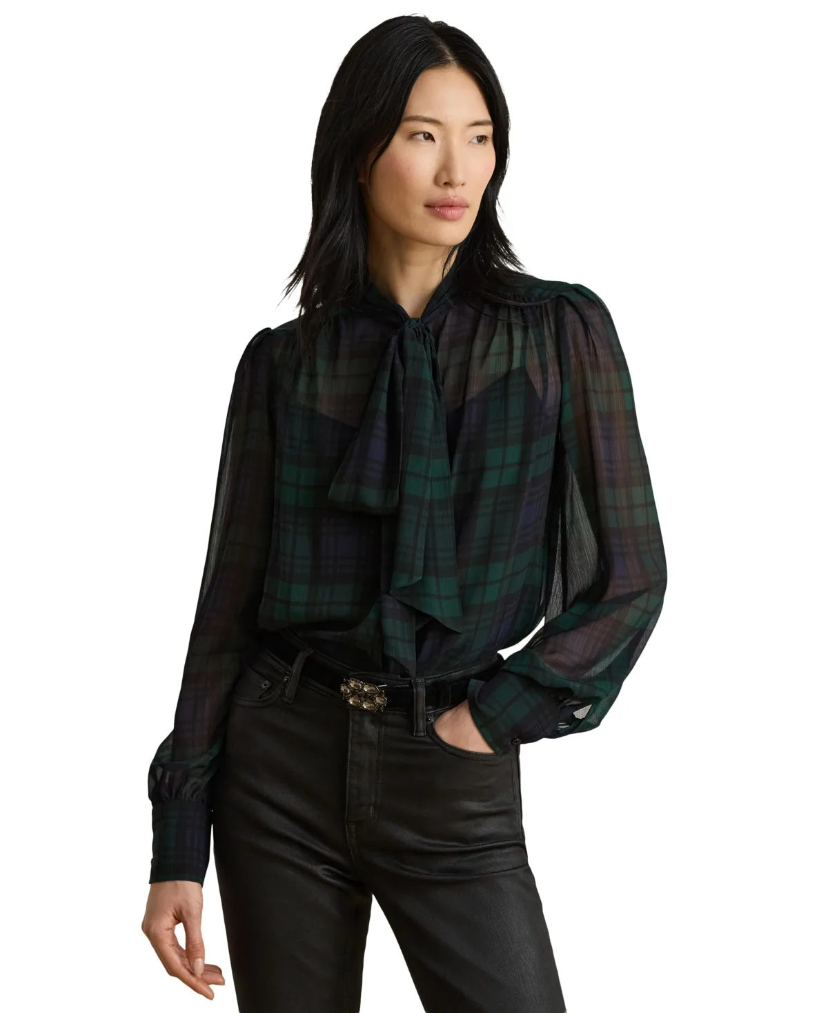 Watch Tie-Neck Plaid Sheer Blouse