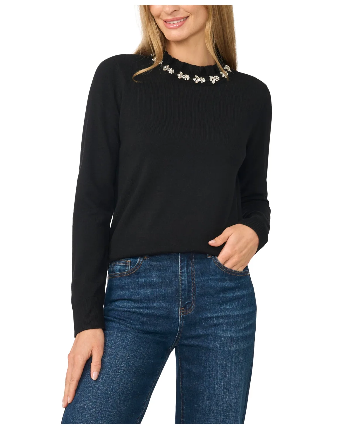Embellish Ruffle Neck Long Sleeve Sweater