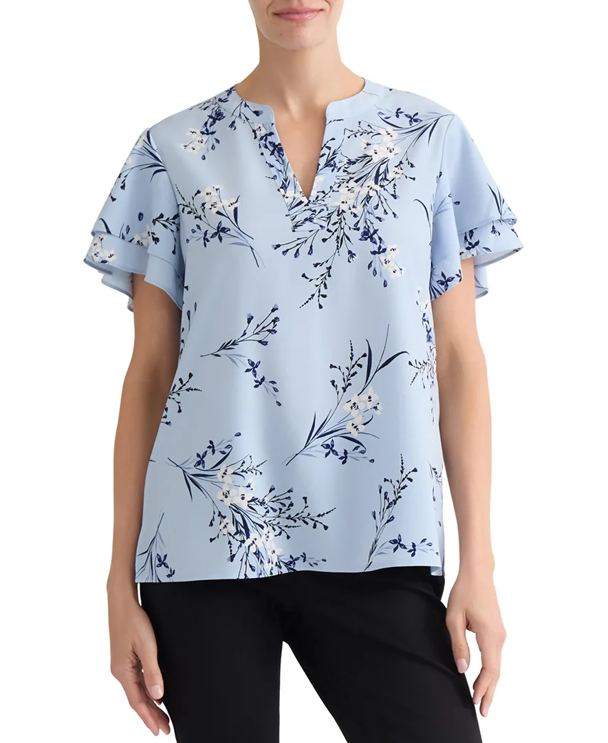 Floral-Print Flutter-Sleeve Split-V Blouse
