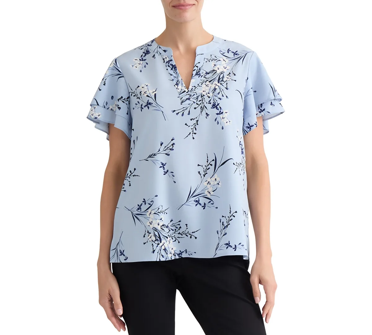 Floral-Print Flutter-Sleeve Split-V Blouse by Jones New York