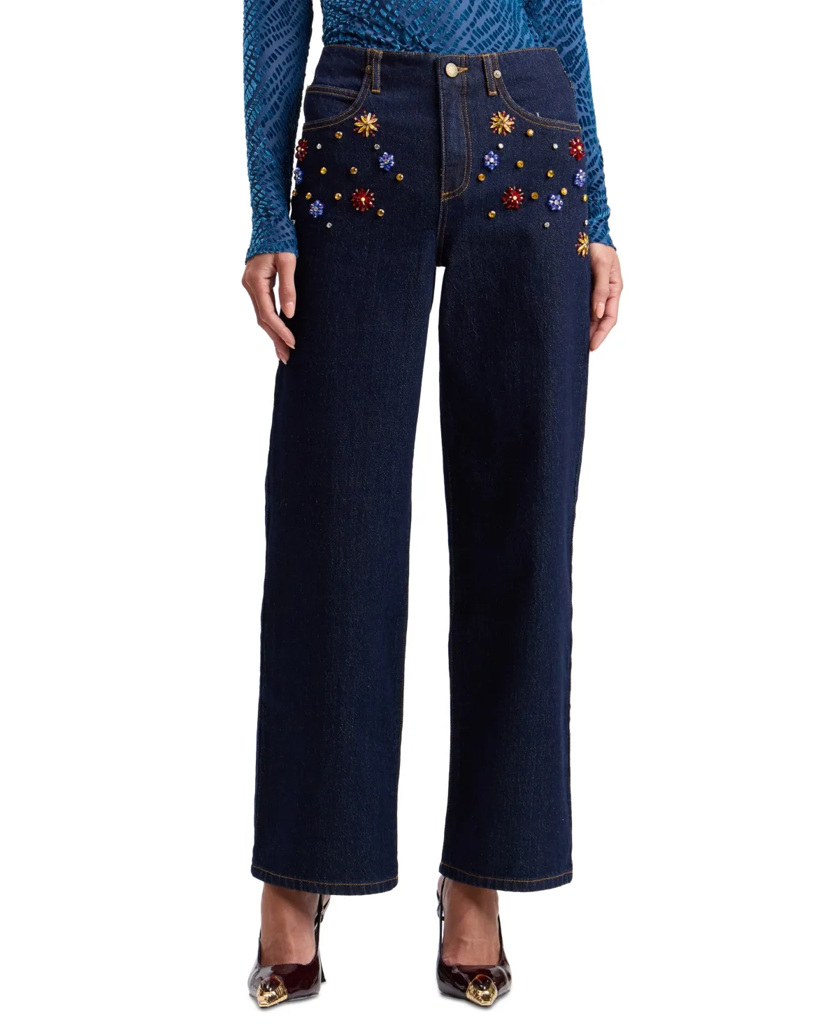 High-Rise Rhinestone-Embellished Wide-Leg Jeans by Avec Les Filles