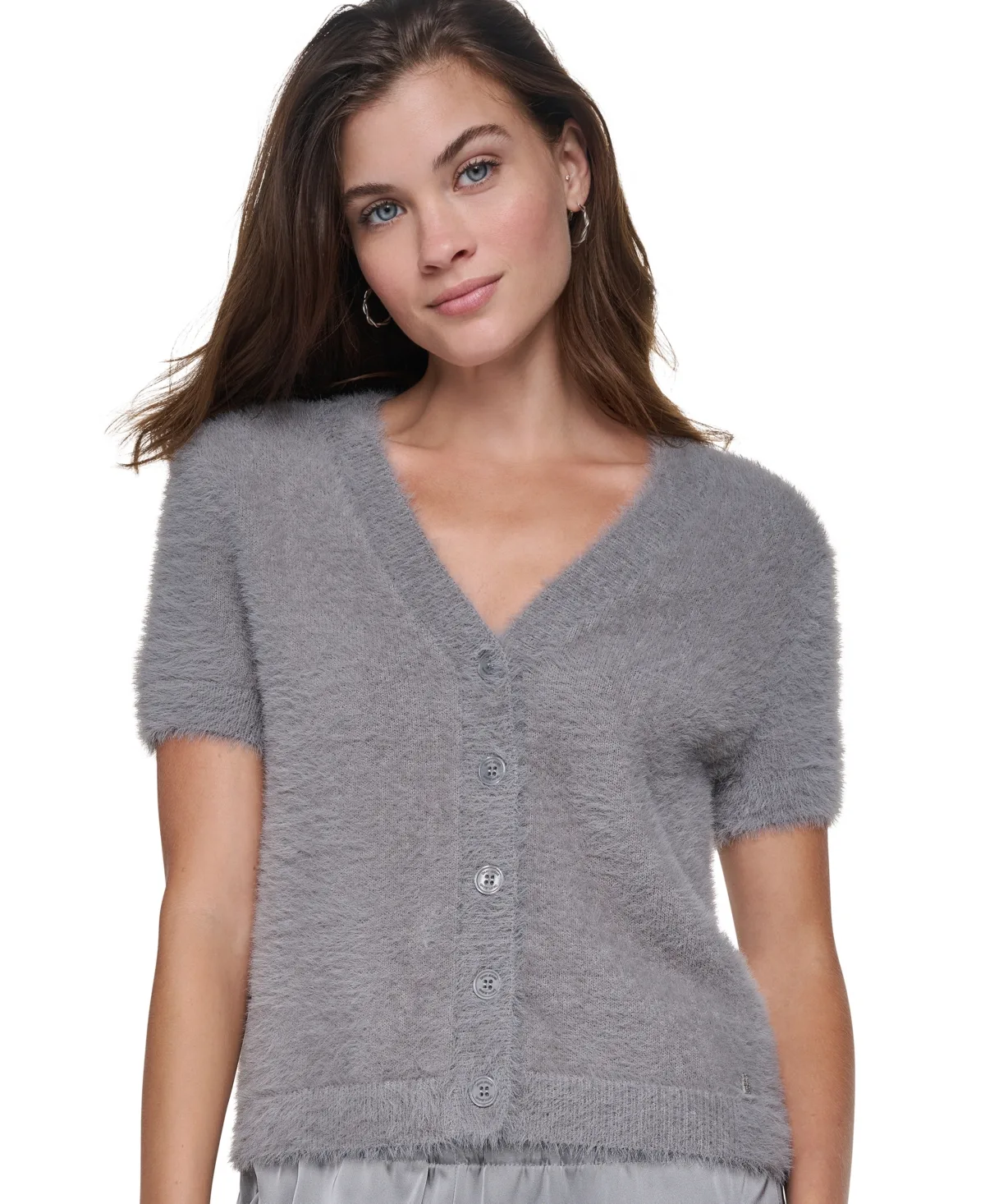 Jeans Short-Sleeve Brushed-Knit V-Neck Cardigan