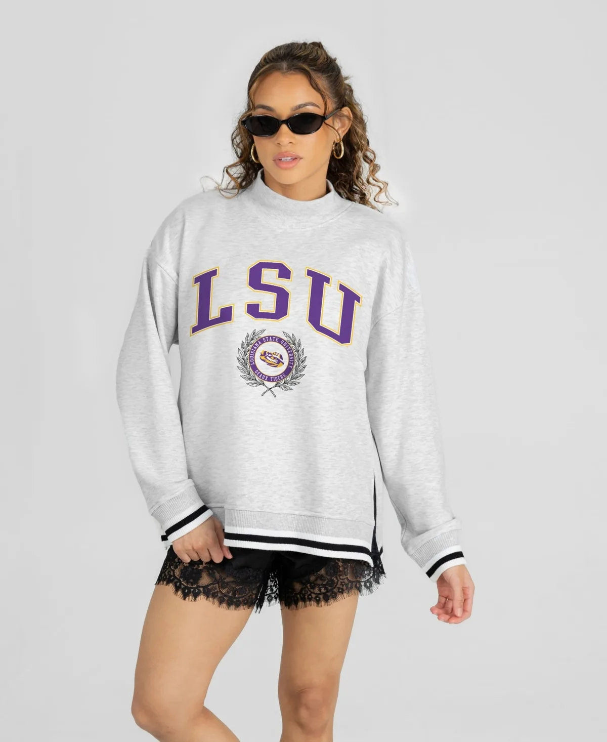 LSU Tigers Rally Point Contrast Stripe Crew Neck Sweatshirt by Gameday Couture