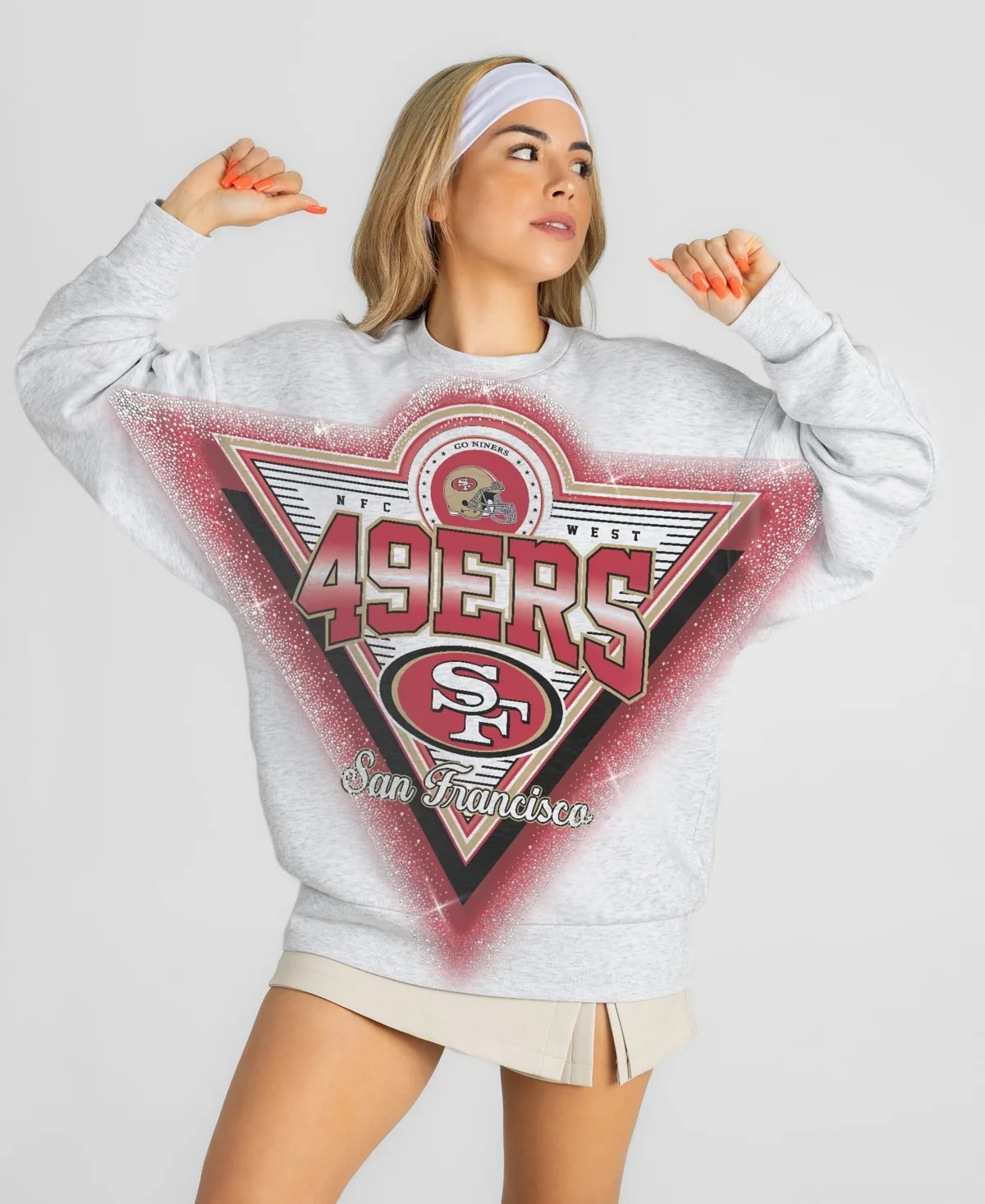 San Francisco 49ers Chasing Victory Rhinestone Spray Oversized Fleece Sweatshirt by Gameday Couture