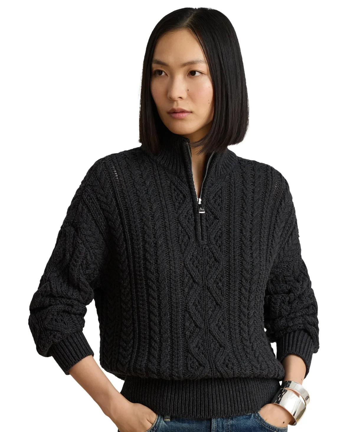 Deklyn Quarter-Zip Cable-Knit Mock Neck Pullover Sweater by Ralph Lauren