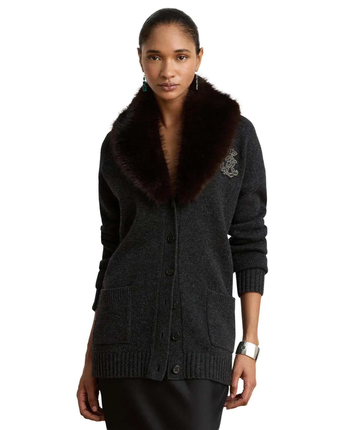 Faux-Fur Shawl Collar V-Neck Wool-Cashmere Blend Cardigan Sweater by Ralph Lauren