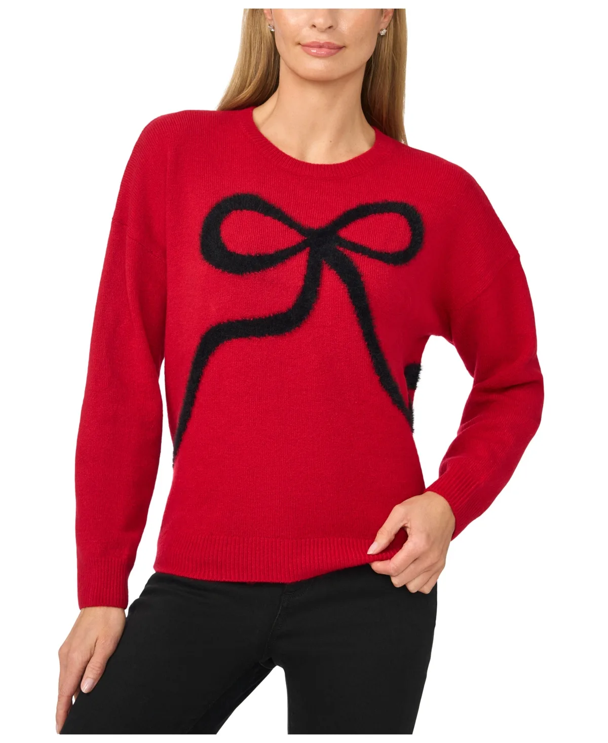 Eyelash Bow Long-Sleeve Crewneck Sweater by CeCe