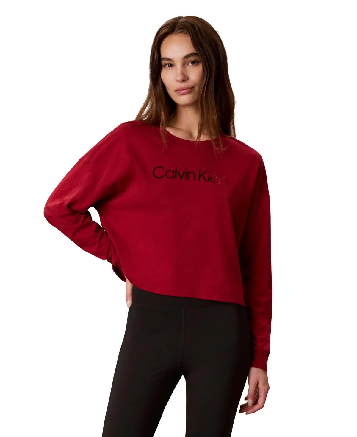 Icon Sport Shine Graphic Logo Long-Sleeve Crewneck Crop T-Shirt by Calvin Klein