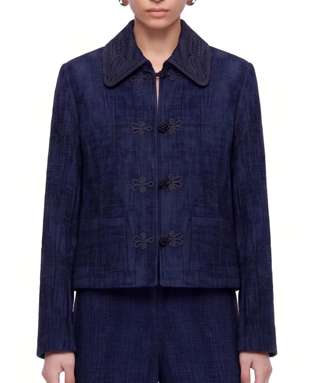 Embroidered-Collar Chenille Frog-Closure Jacket