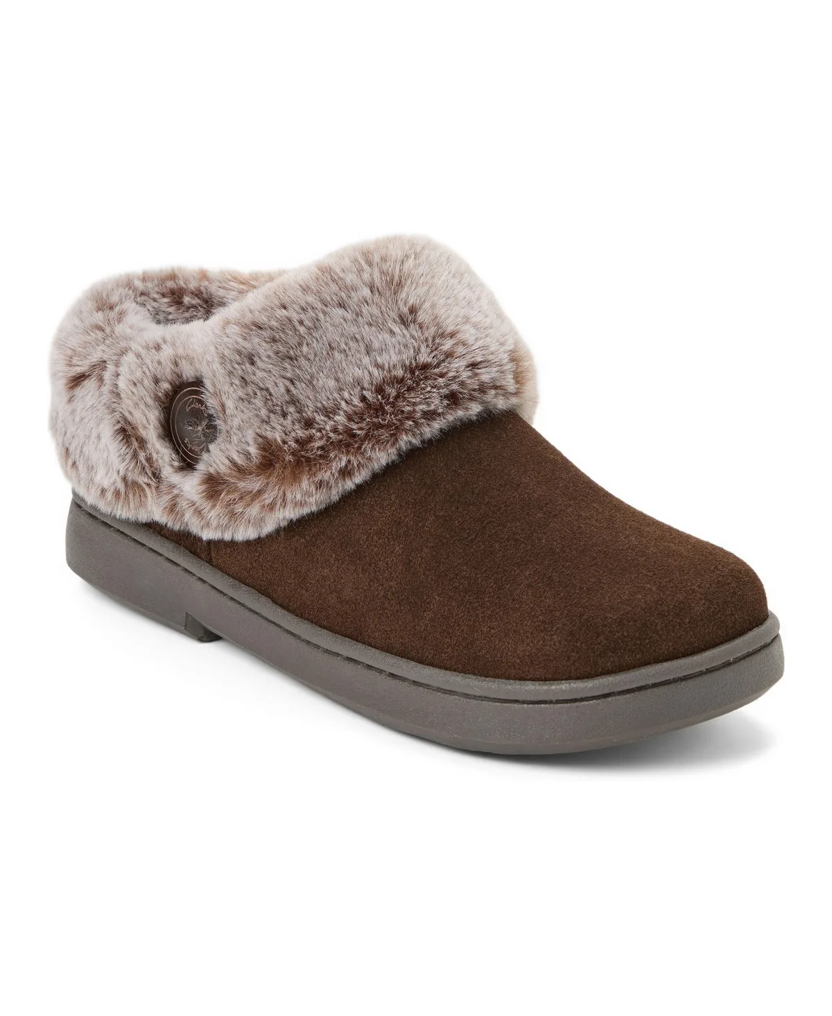 Suede Clog with Tipped Faux Fur Cuff and Button Detail Slippers by Clarks
