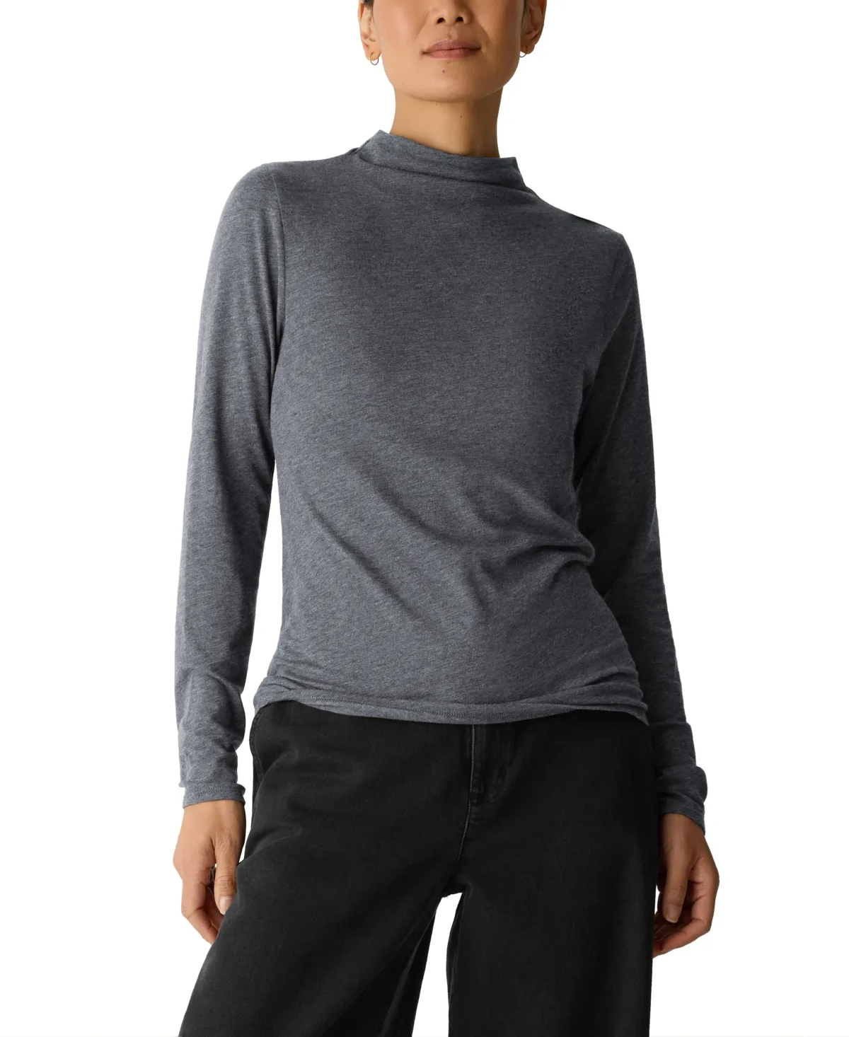 Funnel Neck Long-Sleeve Lightweight Knit Tee