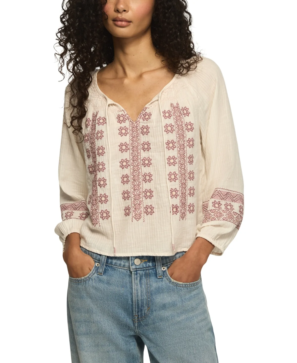 Long Sleeve Tie-Front V-Neck Cotton-Blend Peasant Top