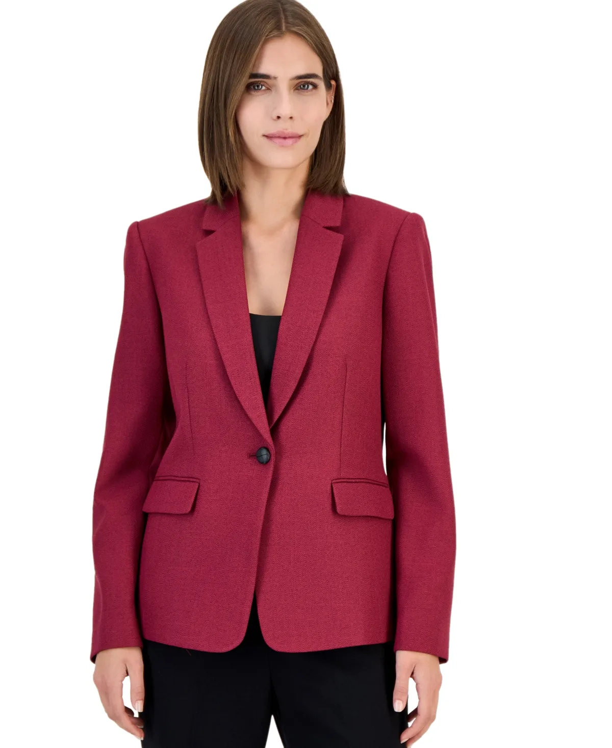One-Button Peak-Lapel Shoulder-Padded Blazer