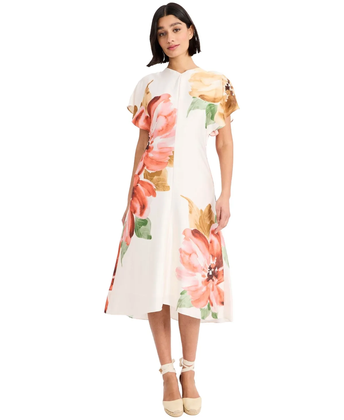 Short-Sleeve V-Neck Printed Midi Dress
