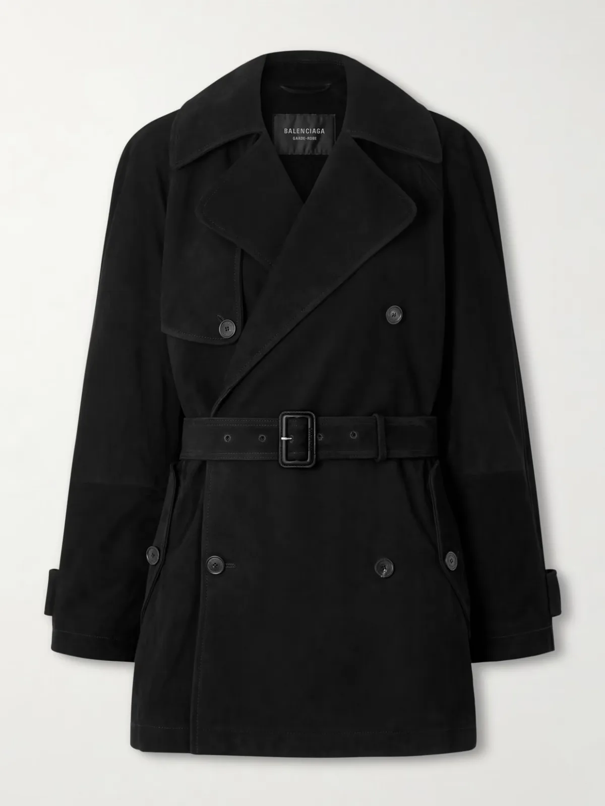 - Double-breasted Belted Suede Trench Coat - by Balenciaga