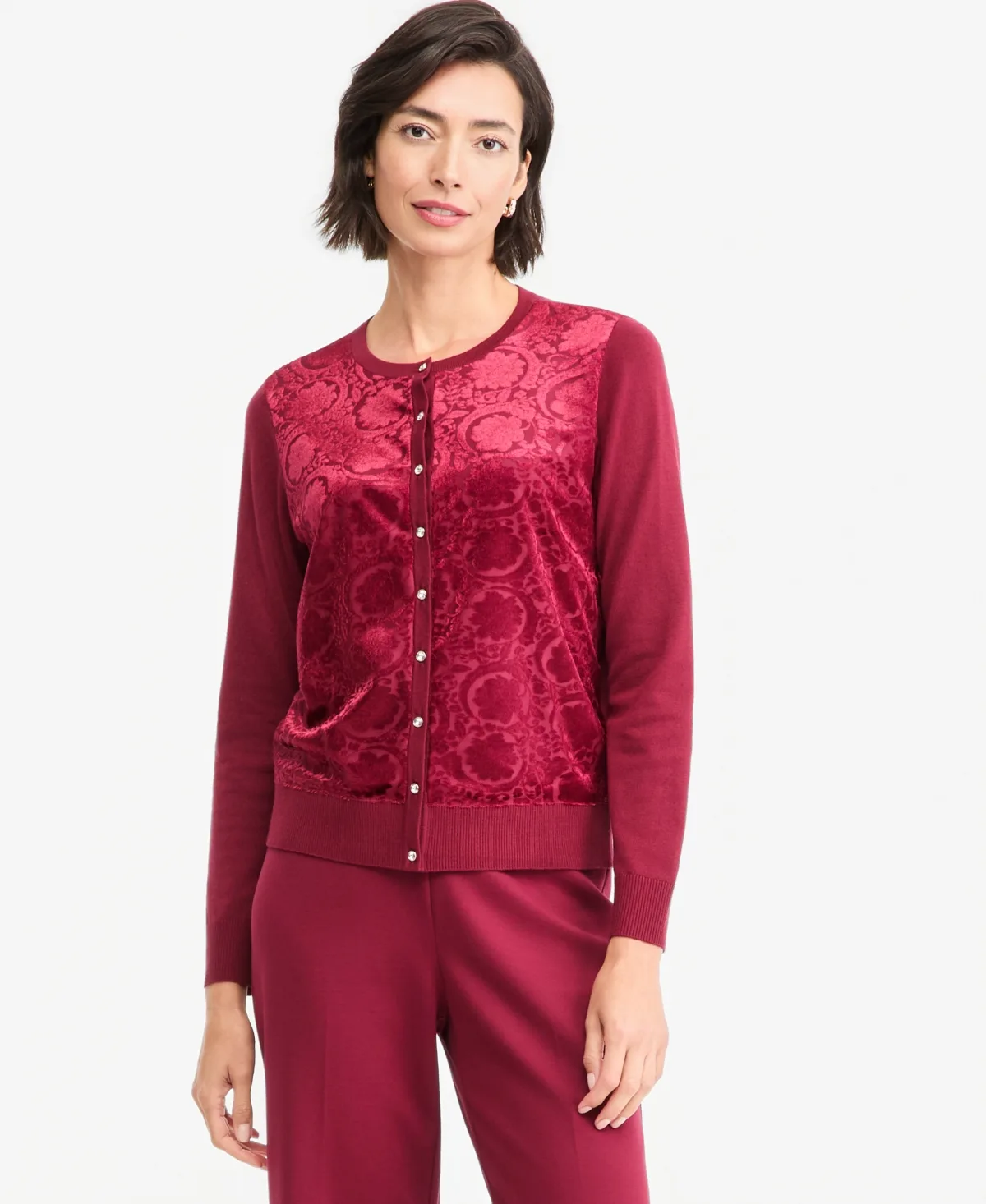 JM Collection Party Floral-Print Burnout Velvet Cardigan