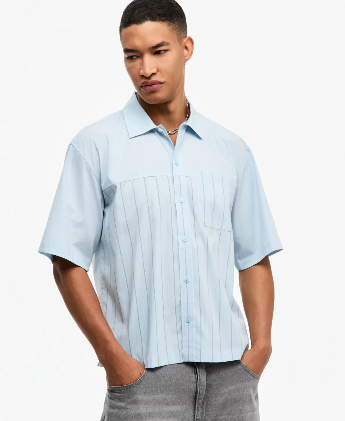 Spliced Short-Sleeve Boxy Button-Up Shirt