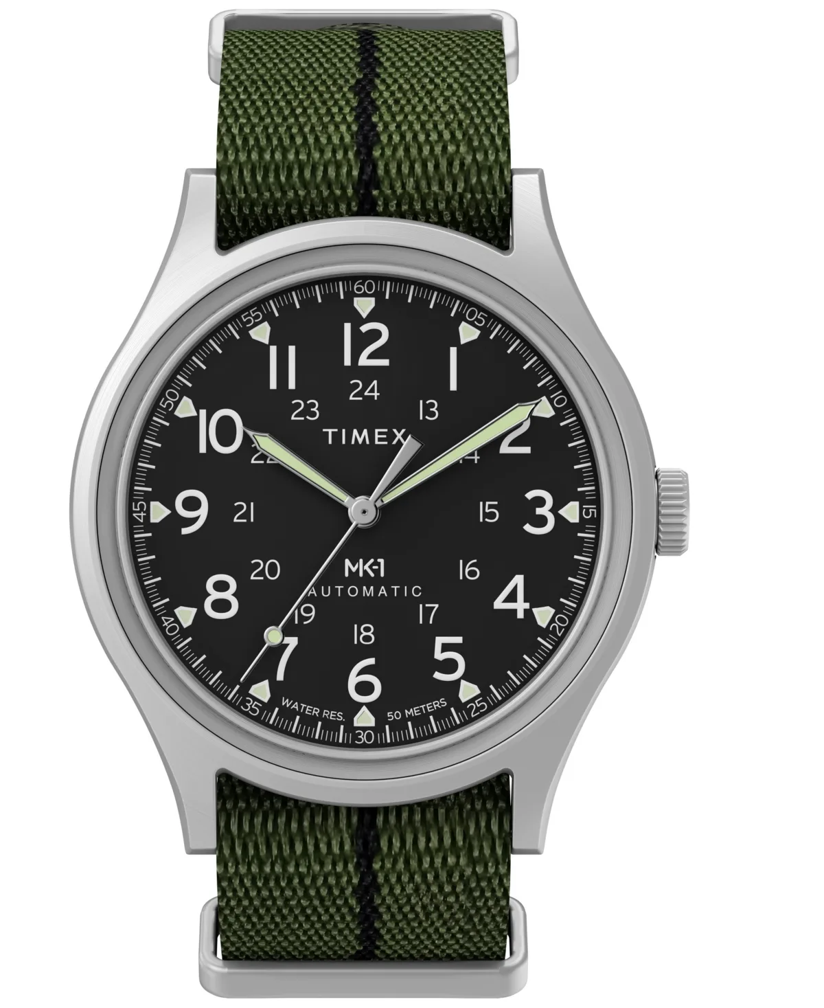 Automatic Green Fabric Round Silver-Tone Stainless Steel Watch 40mm by Timex