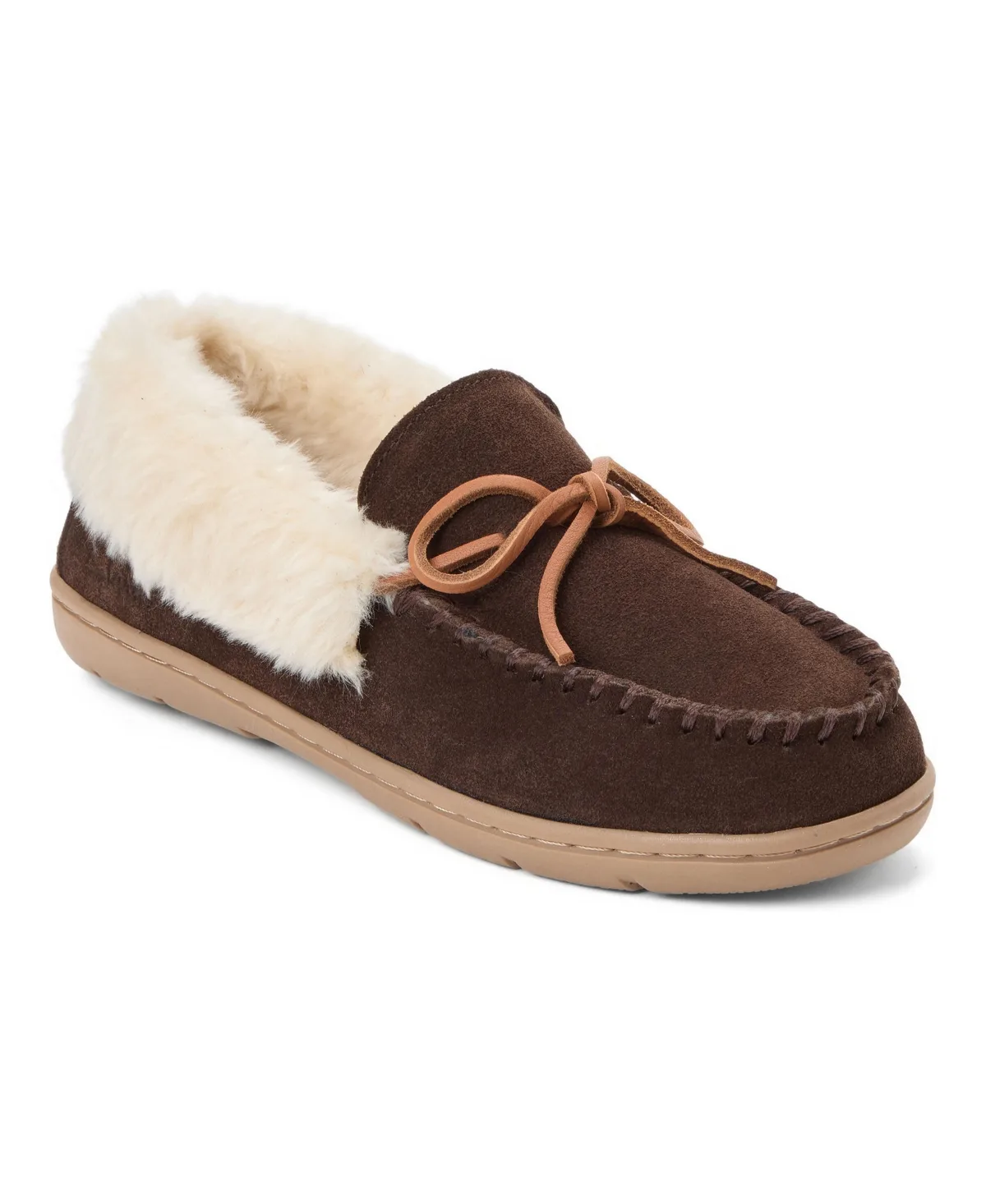 Suede Moc with Leather Lacing and Faux Fur Trim Slippers