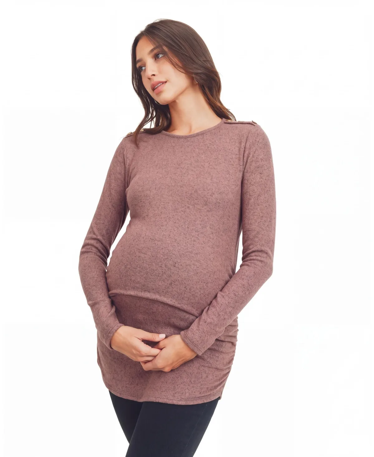 Maternity Brushed Hacci Long-Sleeve Shoulder-Button Top by Hello Miz