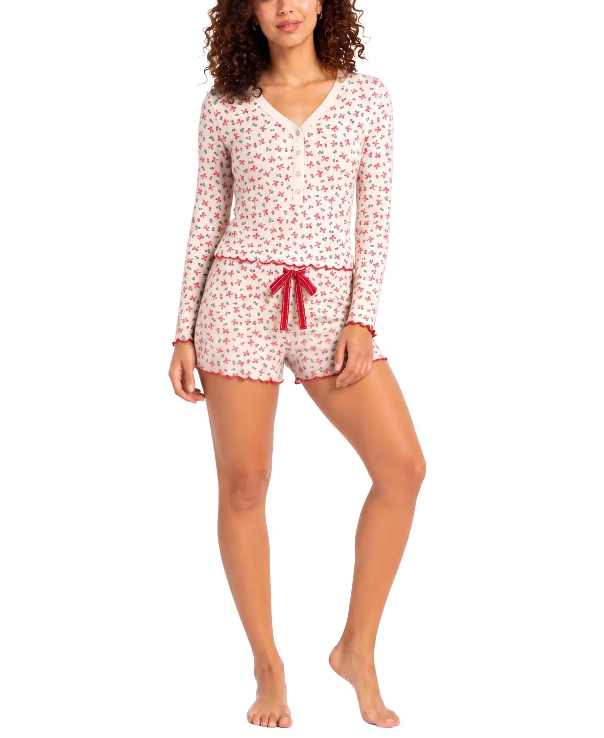 Wonderluxe Long-Sleeve V-Neck Top and Shorts, 2-Piece Set