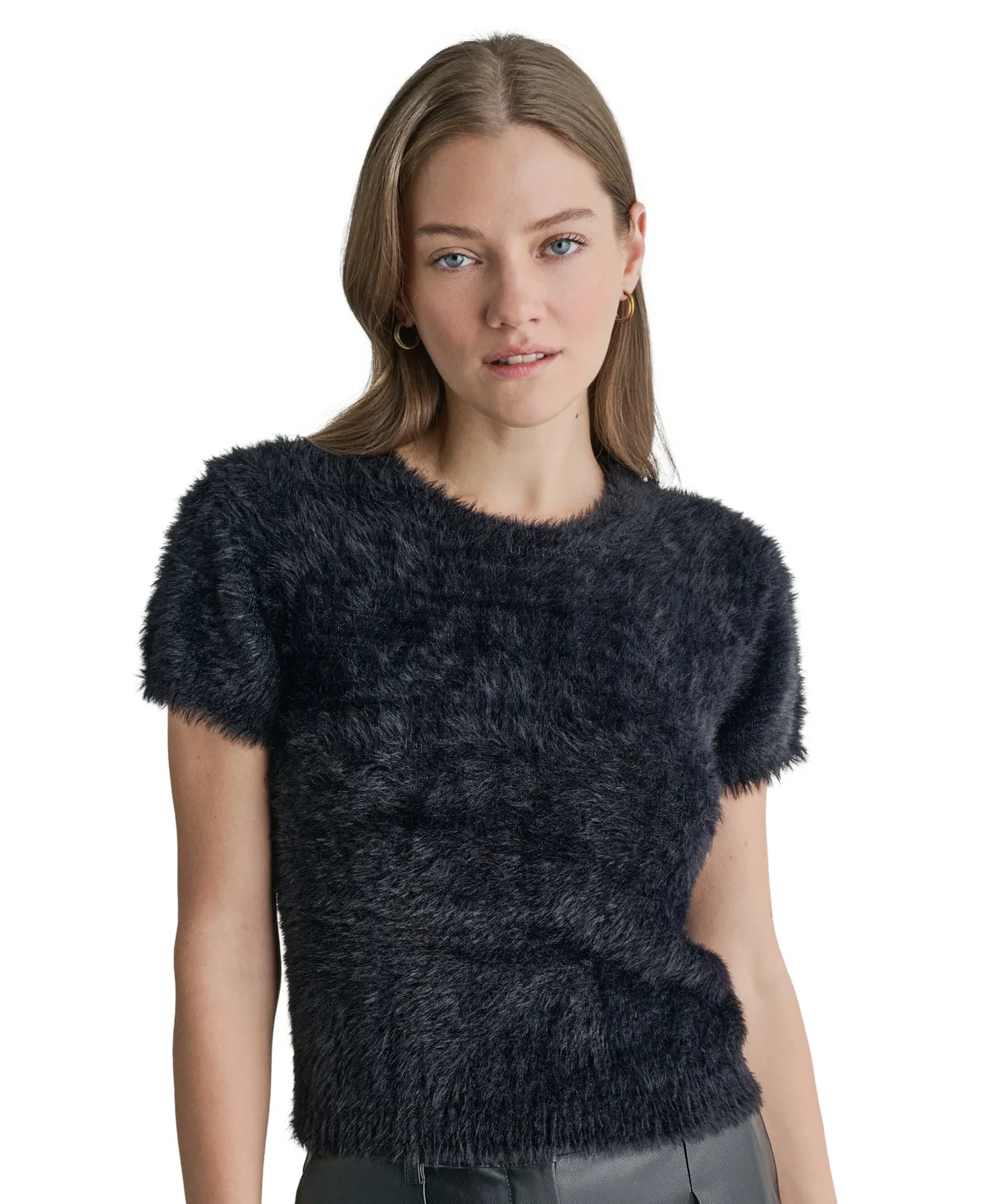 Short-Sleeve Fuzzy-Knit Crewneck Sweater