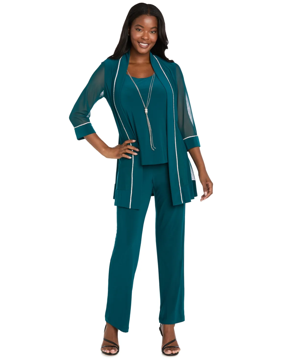 Rhinestone-Detail Scoop-Neck 3/4-Sleeve Top and Pants, 2-Piece Set