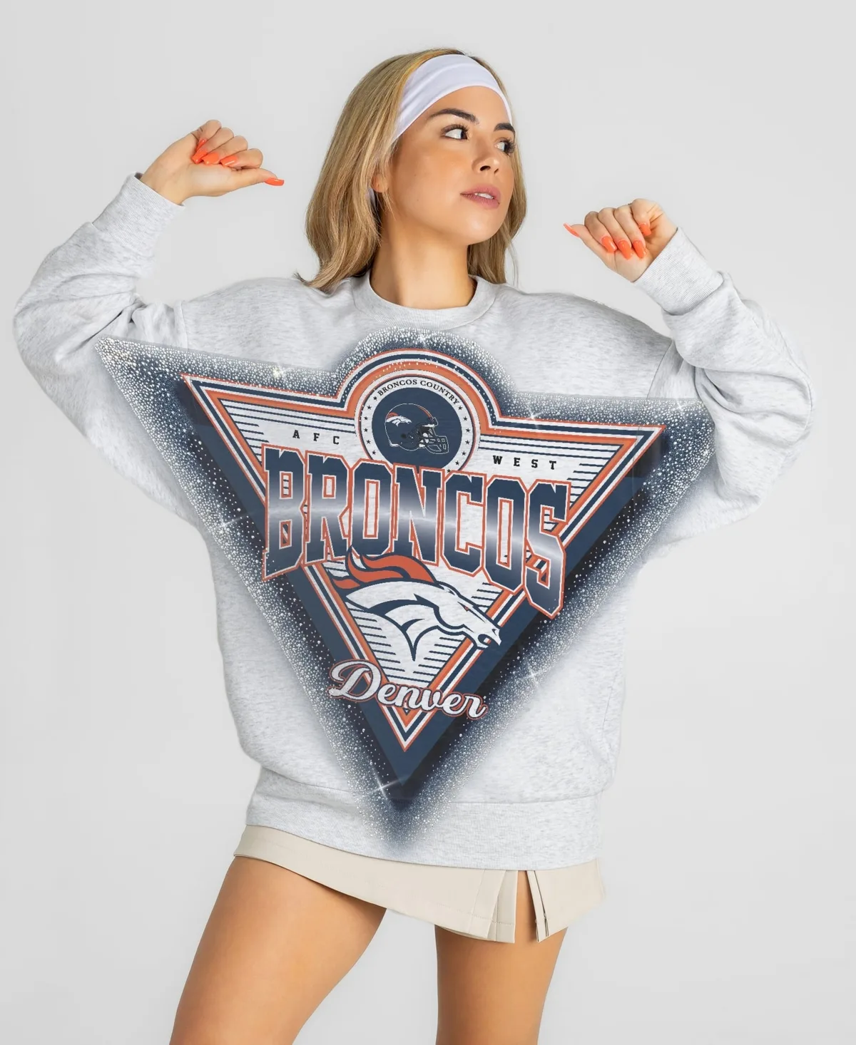 Denver Broncos Chasing Victory Rhinestone Spray Oversized Fleece Sweatshirt