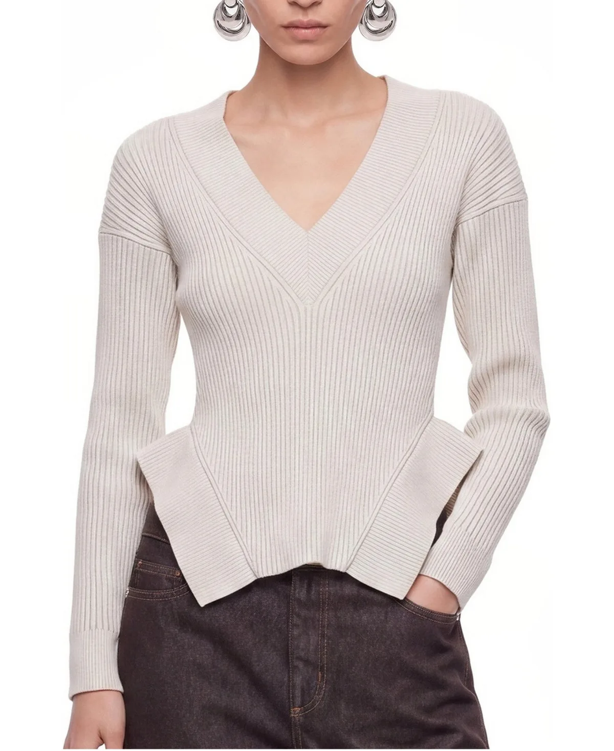Ribbed-Knit V-Neck Peplum Top by Nocturne