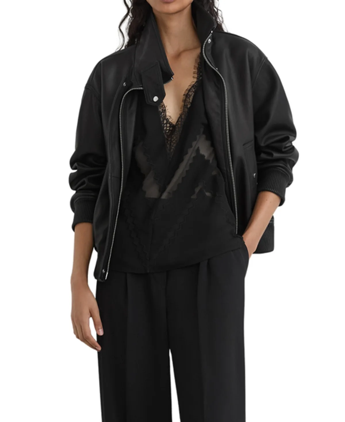 Cara Oversized Funnel Neck Leather Bomber Jacket by Reiss