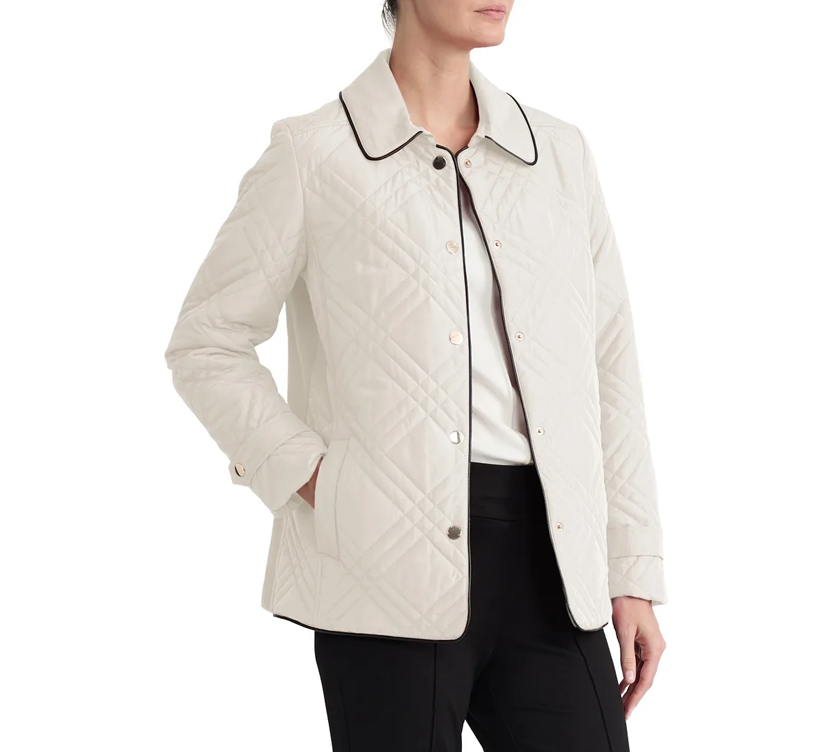Triple-Diamond-Quilted Faux-Leather-Piping Jacket by Jones New York
