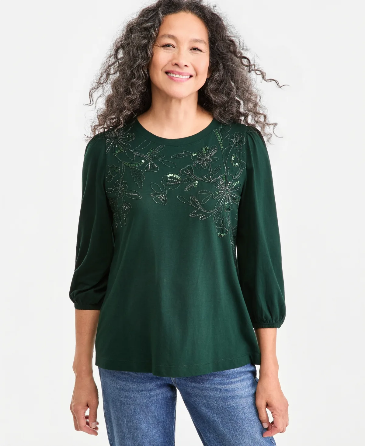 Floral-Embellished 3/4-Sleeve Top by Style & Co