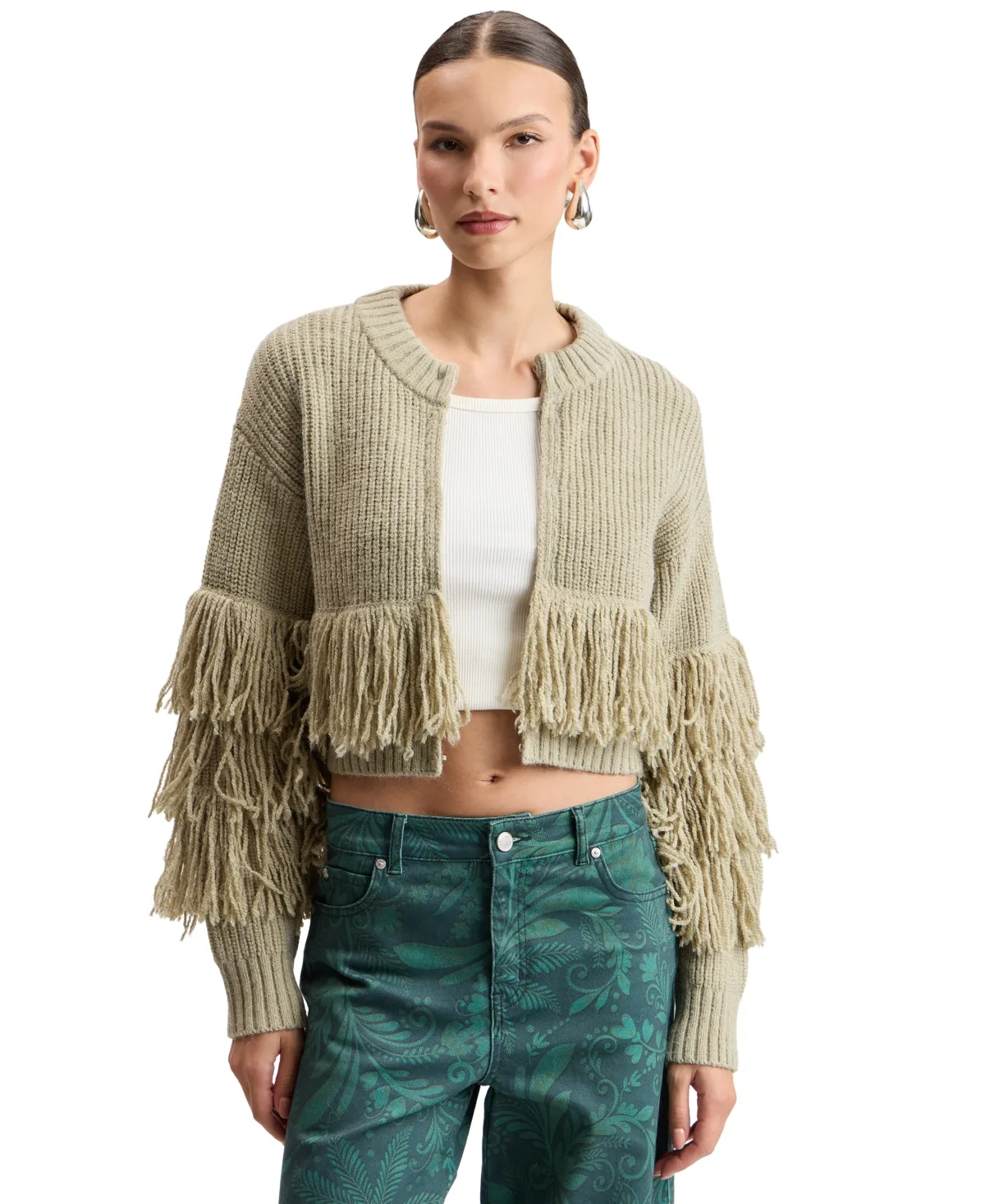 Fringe Cropped Mock-Neck Cardigan by Avec Les Filles