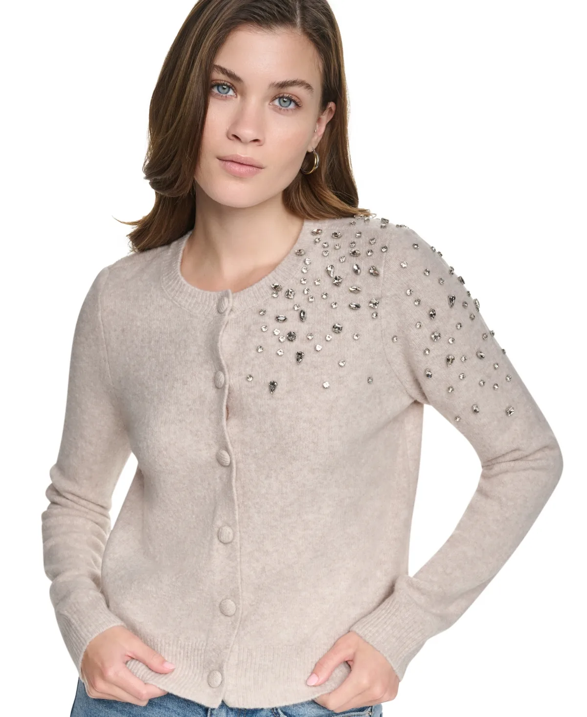 Jeans Fitted Rhinestone Crewneck Cardigan by DKNY
