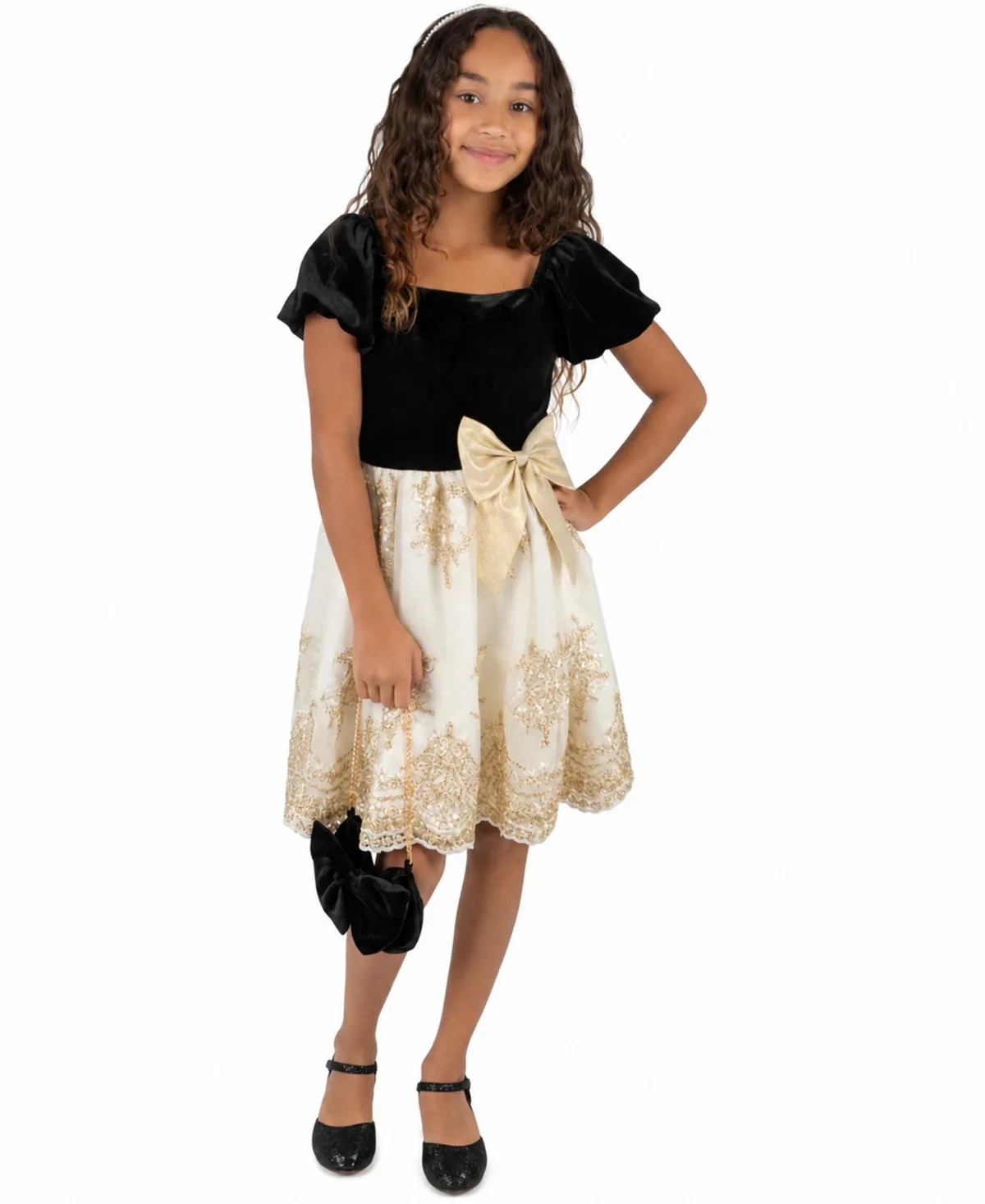 Velvet Puff-Sleeve Fit & Flare Dress by Rare Editions