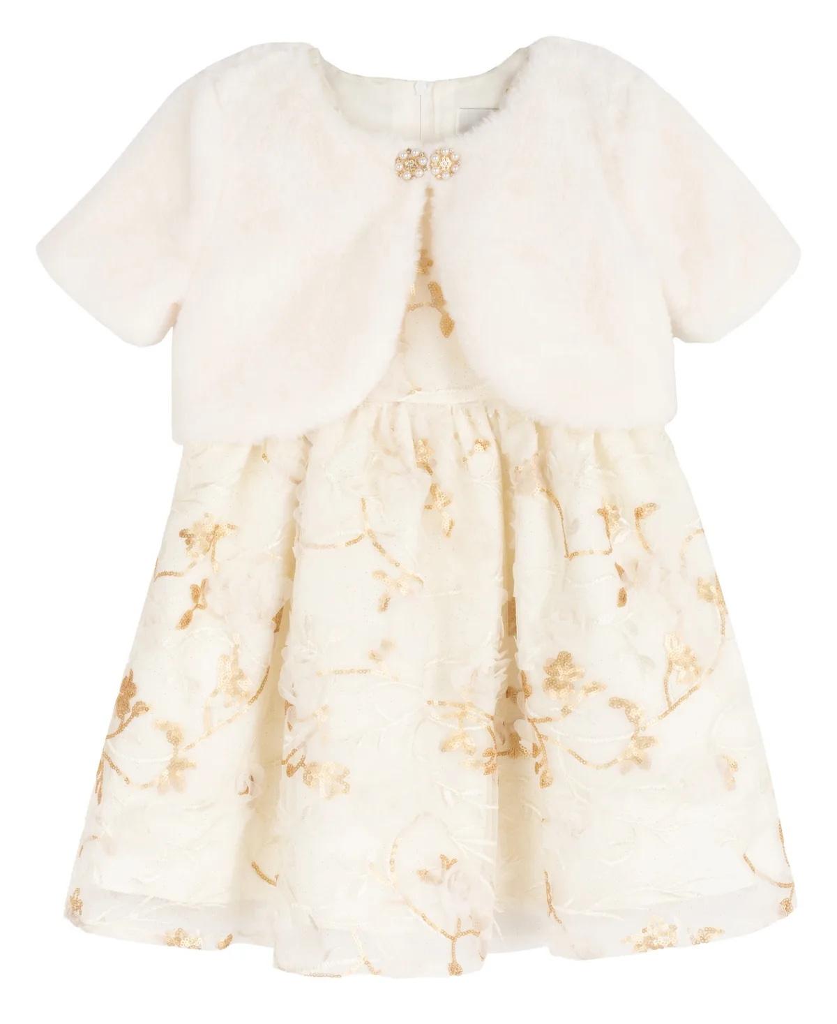 3-D Flower Soutache Fit & Flare Faux Fur Bolero and Dress 2-Piece Set by Rare Editions
