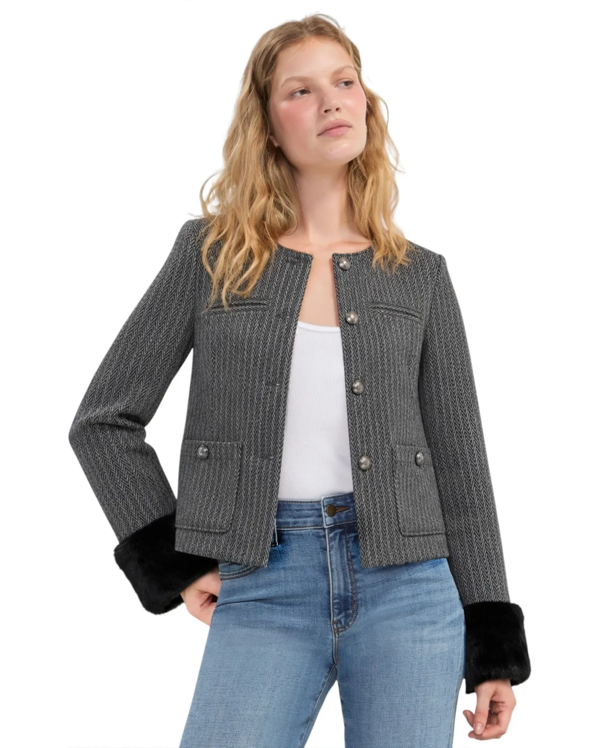 Faux Fur Cuff Herringbone Stripe Collarless Jacket by Liverpool Los Angeles