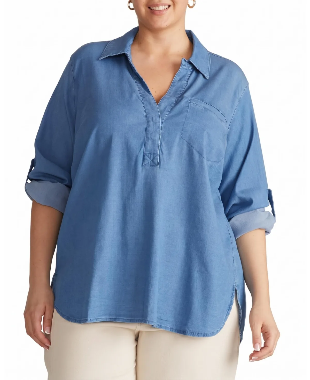 Chambray Button-Back Roll-Tab Sleeve Shirt by Universal Standard