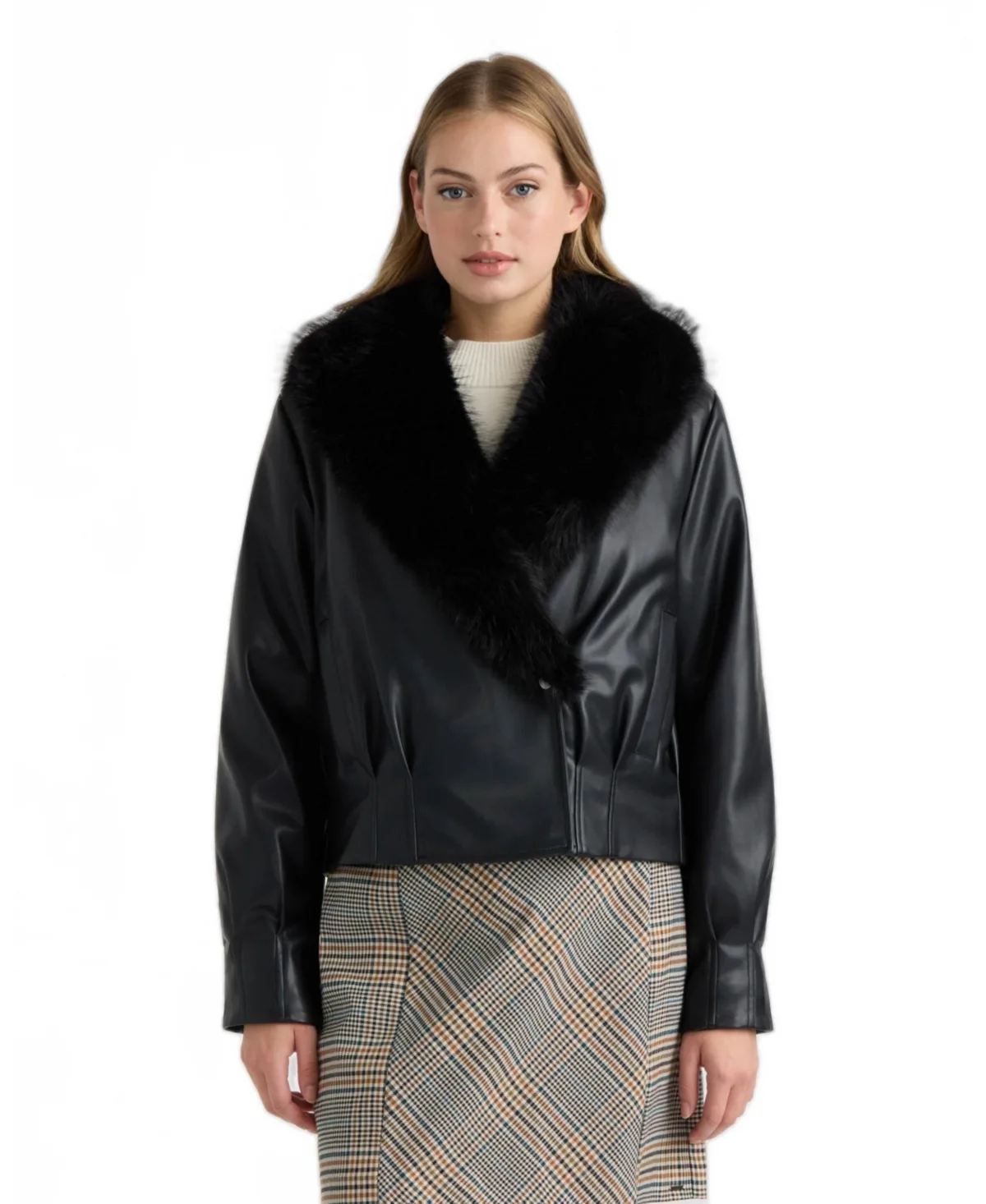 Leather Bomber Jacket with Faux Fur Collar by Nvlt