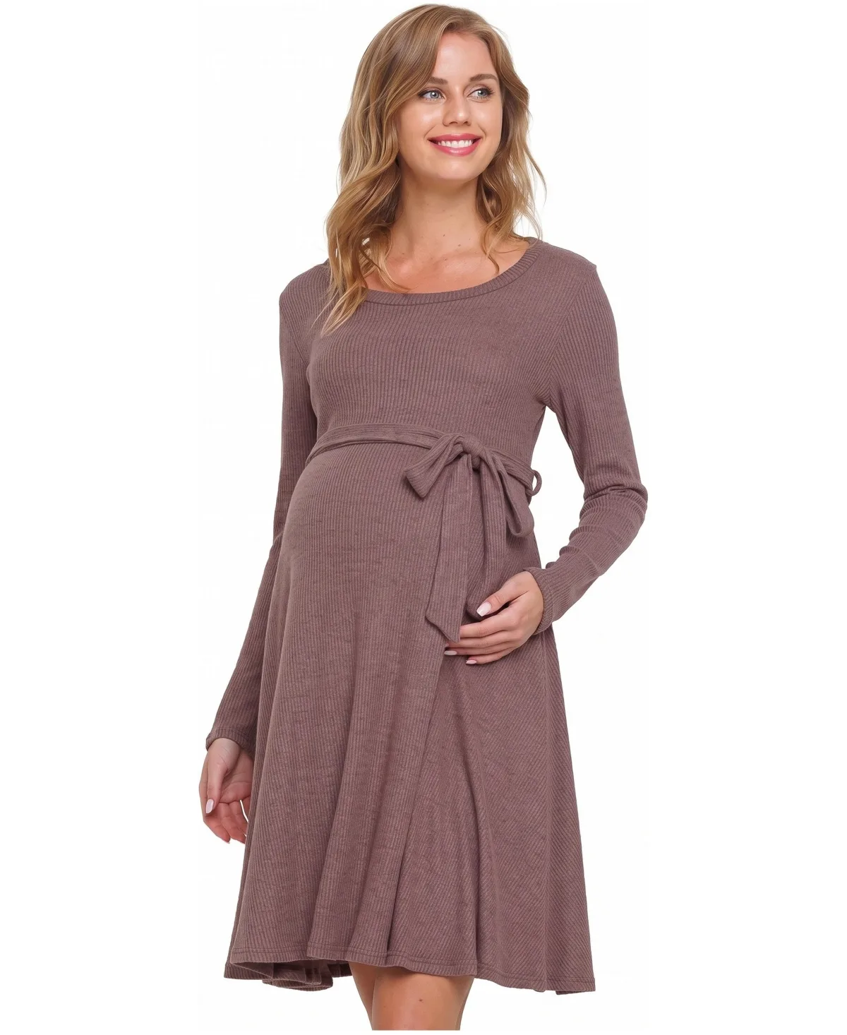 Maternity Rib Knit Empire Waist Long Sleeve Knee-Length Dress by Hello Miz