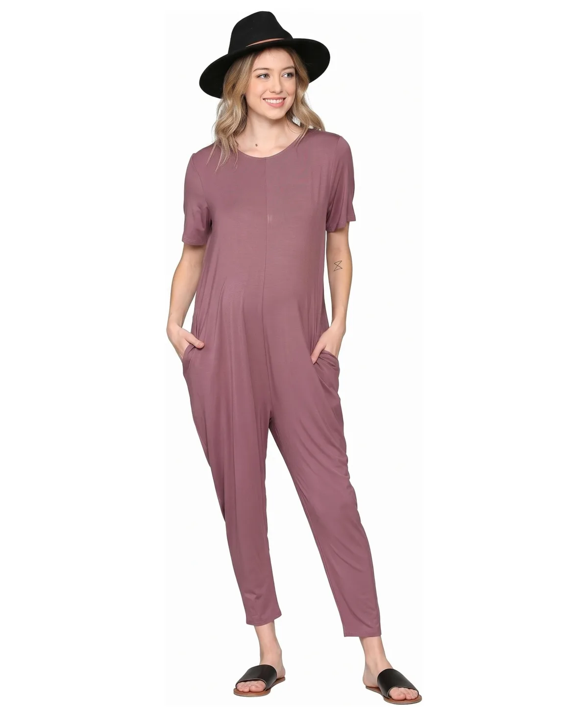 Maternity Short-Sleeve Keyhole Back Jogger Jumpsuit by Hello Miz
