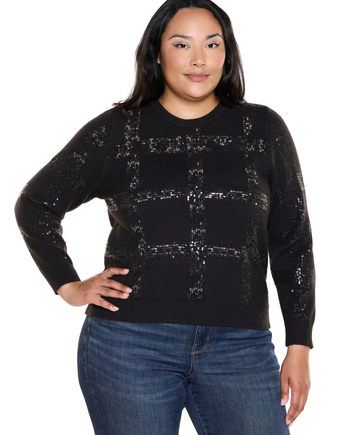 Plaid-Sequin Crewneck Pullover by Belldini