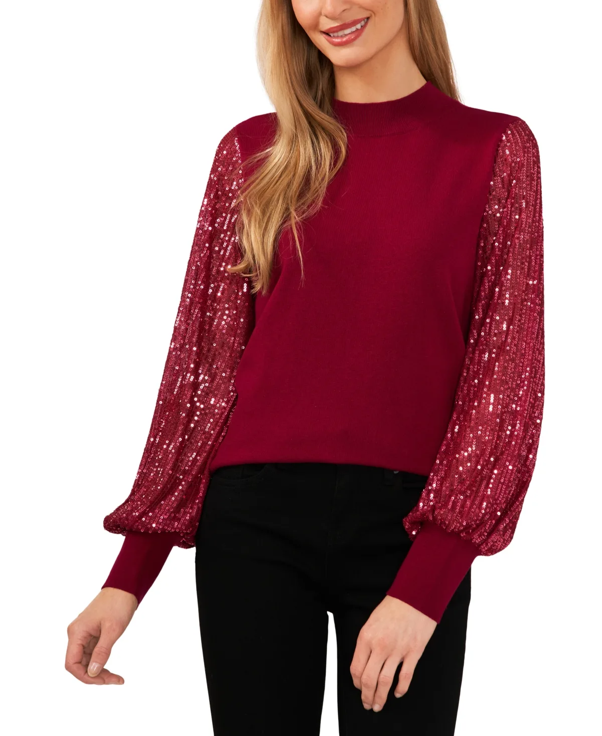 Sheer-Sequin-Sleeve Mock-Neck Cotton Sweater by CeCe