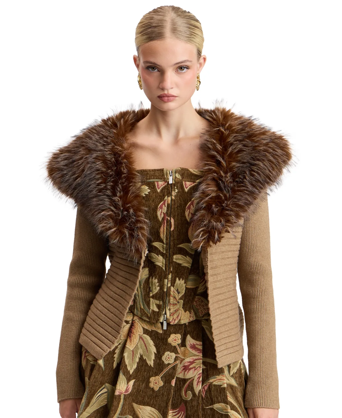Wrap Faux Fur Collar Cardigan