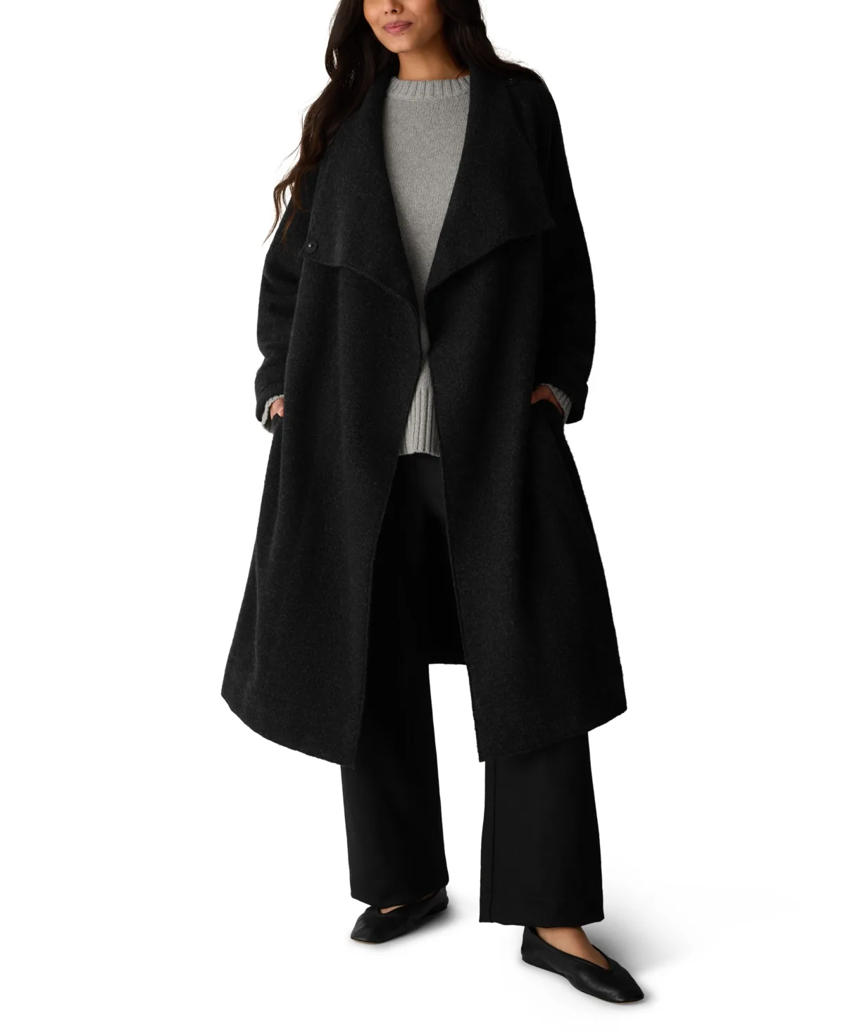 High-Drape Neckline Wrap Coat with Tie Belt