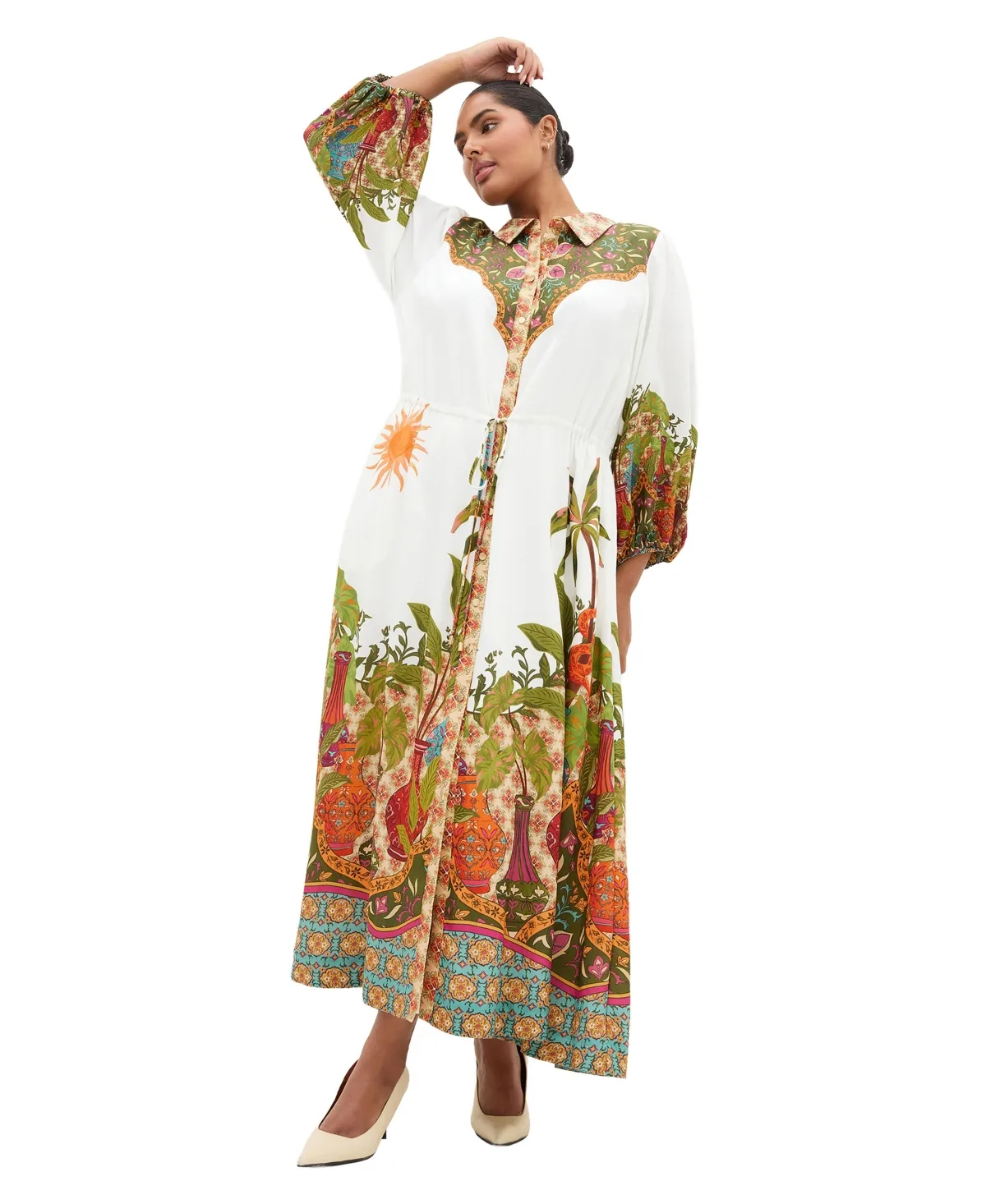 Fools Paradise Print Collared 3/4-Sleeve Maxi Dress