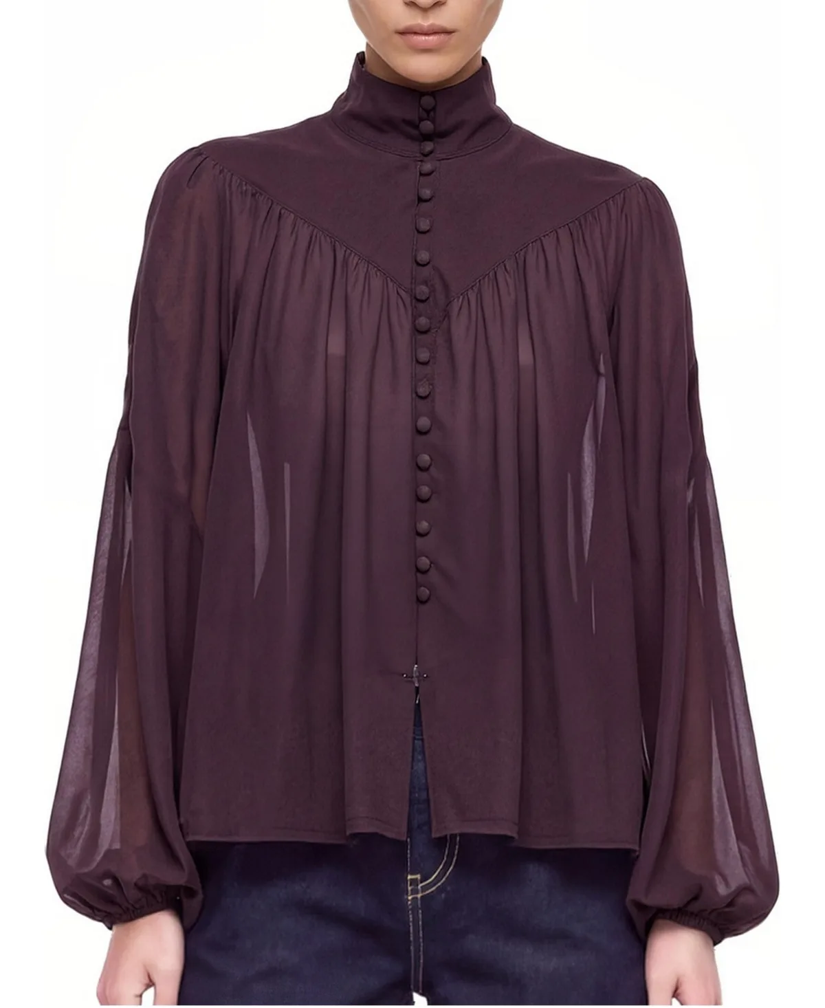 Stand Collar Long-Sleeve Sheer Blouse