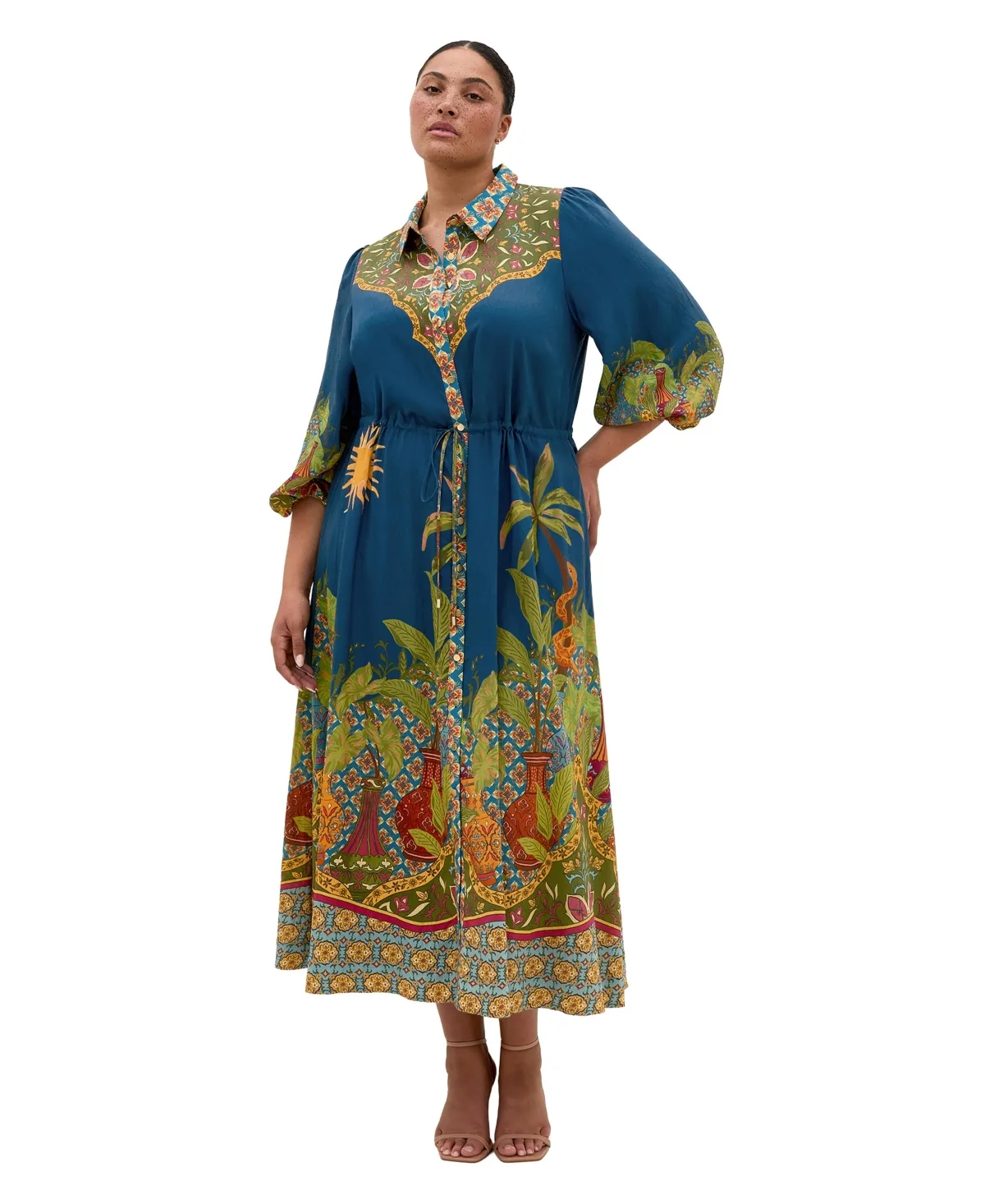 Fools Paradise Print Collared 3/4-Sleeve Maxi Dress