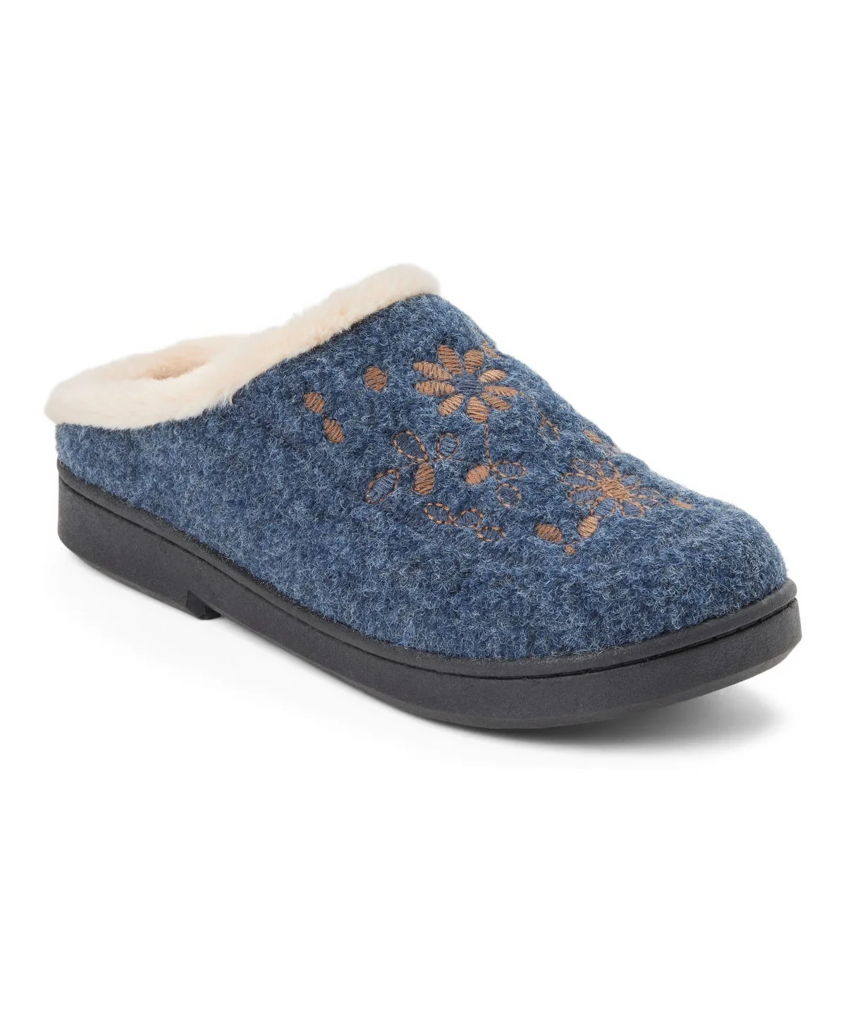 Felted Clog with Faux Fur Cuff and Embroidery Detail Slippers